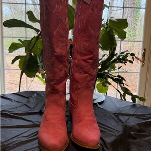 Women Knee High Western Embroidered Cowgirl Boots Chunky Heel Pink Size 8